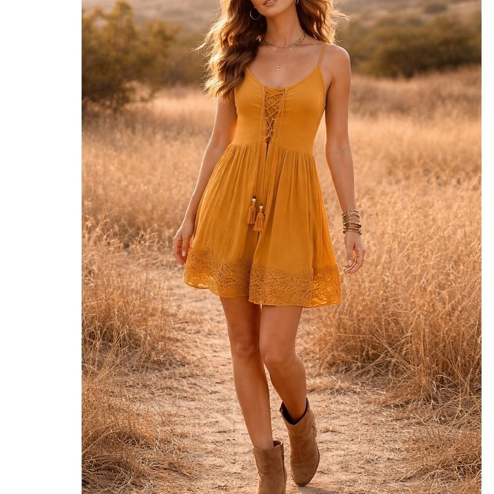Womens Lace Up Golden Mini Dress Embroidered Hem Tassel XS Boho Festival Earthy
